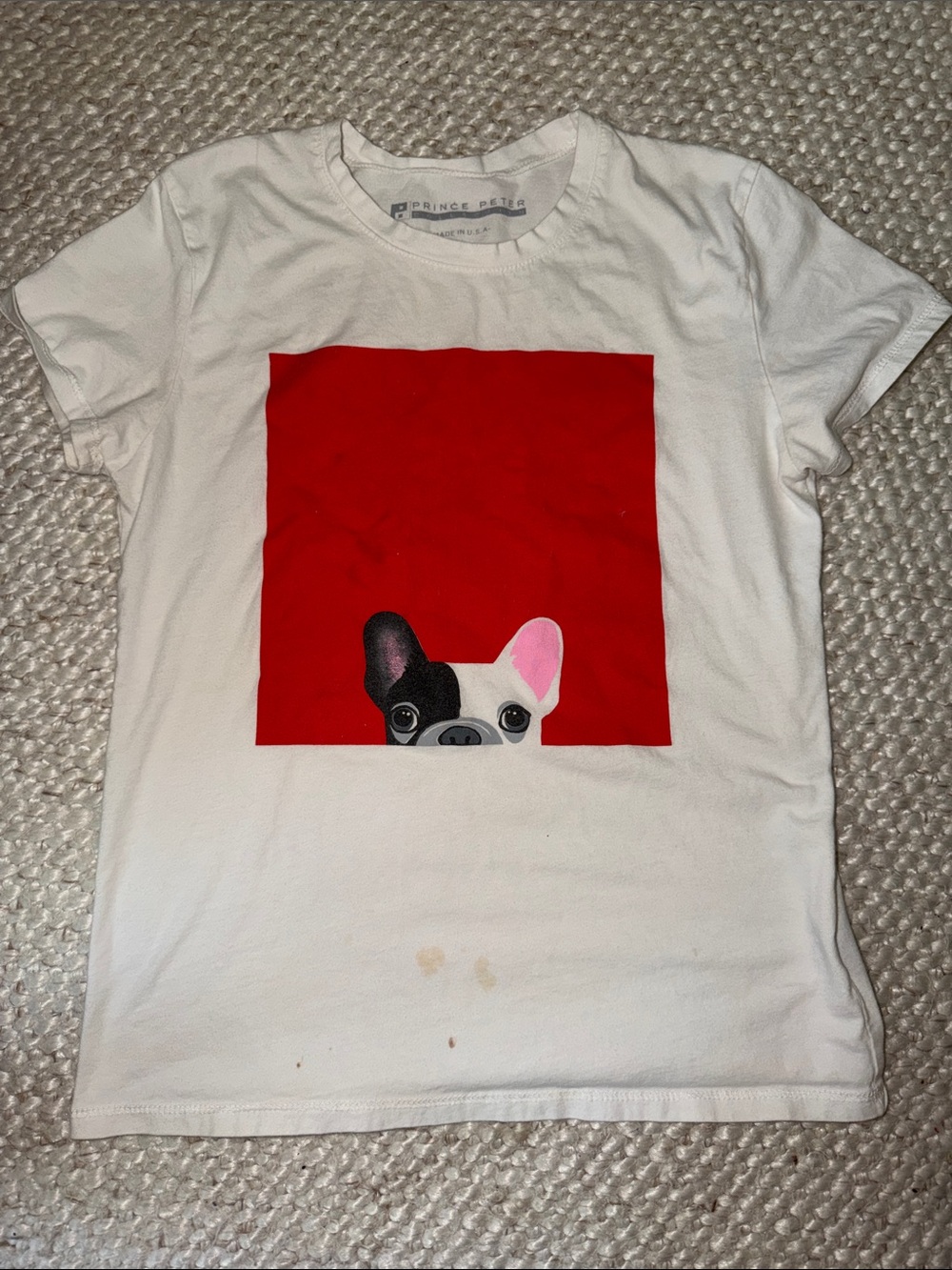 Prince Peter Collection White Tee with Red Square & Peekaboo French Bulldog XS
